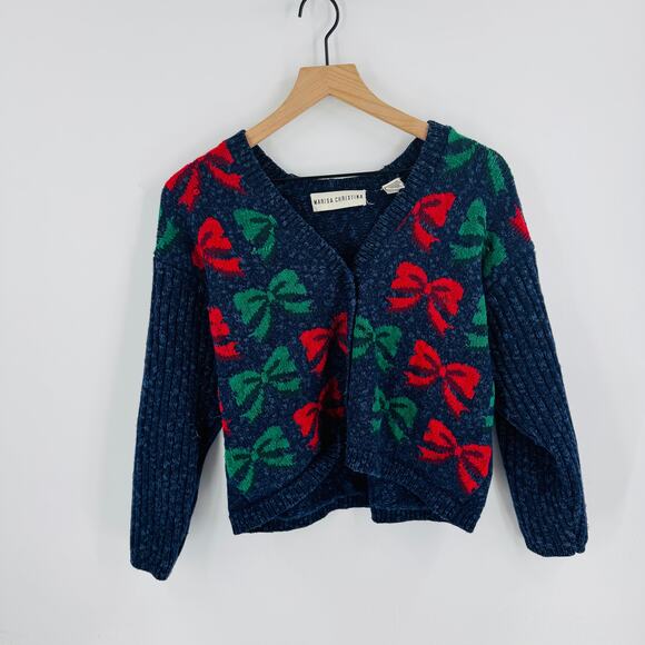 Marisa Christina Vintage Navy Red Green Bow Knit Cardigan Sweater Holiday Medium - Picture 1 of 6